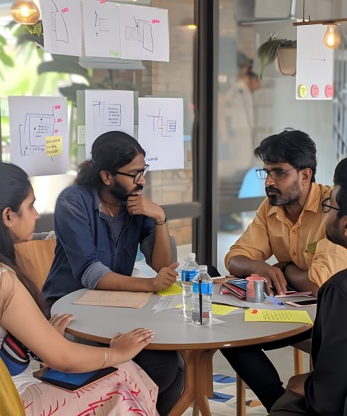 A group of diverse professionals, including men and women, are working together around a table, brainstorming and discussing ideas. The image depicts a collaborative and productive work environment, showcasing the importance of teamwork and communication in business. The image is ideal for illustrating concepts related to brainstorming, collaboration, teamwork, and business success.